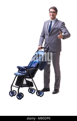 Young businessman nursing child in pram isolated on white Stock Photo