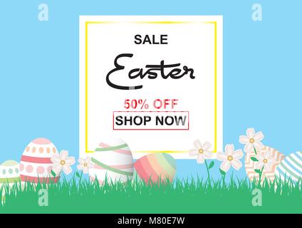 Easter sale background template 50% offer with colorful Easter eggs and beautiful flower and blue background with square frame. Vector illustration. Stock Vector