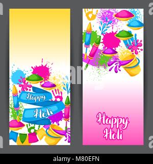 Happy Holi colorful banners. Illustration of buckets with paint, water guns, flags, blots and stains Stock Vector