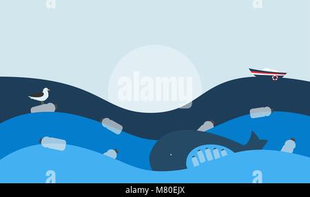 Vector Illustration. Poster with Ecological Theme: Plastic Pollution of the Ocean. The Whale with Plastic Bottles in Stomach, The Seabird sitting on F Stock Vector