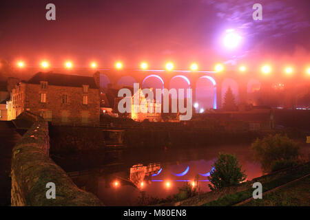 Night view of Dinan, medieval town on the Rance river. Dinan, Brittany, France. Stock Photo