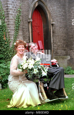 File photo dated 16/09/95 of Professor Stephen Hawking, who has died aged 76, with his bride, Elaine Mason, after the blessing of their marriage at St Barnabas Church, Mill Road, Cambridge. They divorced in 2006. Stock Photo