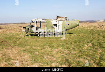 Westland Lynx helicopter wreck at Copehill Down FIBUA village military training area, Fighting In Built Up Areas, Wiltshire, England, UK Stock Photo