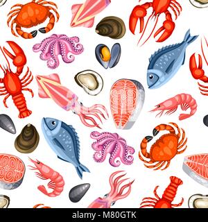 Seamless pattern with various seafood. Illustration of fish, shellfish and crustaceans Stock Vector