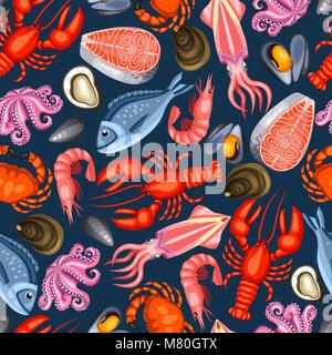 Seamless pattern with various seafood. Illustration of fish, shellfish and crustaceans Stock Vector
