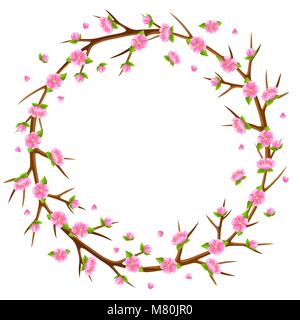 Spring frame with branches of tree and sakura flowers. Seasonal illustration Stock Vector