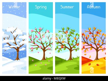 Four seasons. Illustration of tree and landscape in winter, spring, summer, autumn. Stock Vector