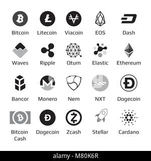 Big set of crypto currency logo coins Bitcoin, Nem, Dash, Litecoin, Monero, Ethereum, Dash Ripple and other Vector illustration Stock Vector