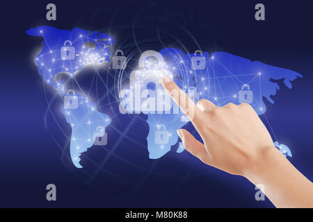 a hand points to a networked world map with encryption symbols Stock Photo