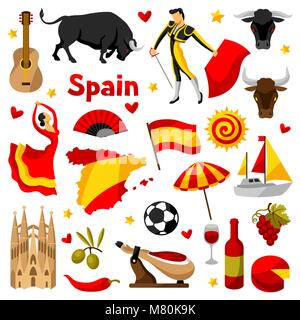 Spain icons set. Spanish traditional symbols and objects Stock Vector