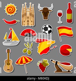 Spain sticker icons set. Spanish traditional symbols and objects Stock Vector
