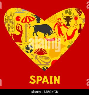 Spain background in shape of heart. Spanish traditional symbols and objects Stock Vector