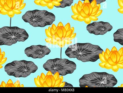Natural seamless pattern with lotus flowers and leaves Stock Vector