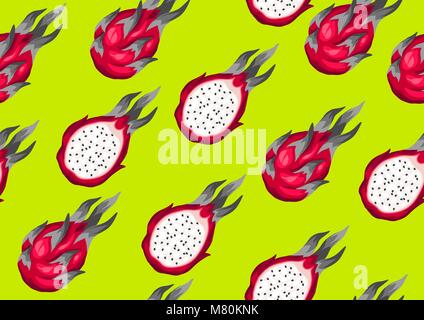 Seamless pattern with dragon fruits. Illustration of tropical plant Stock Vector