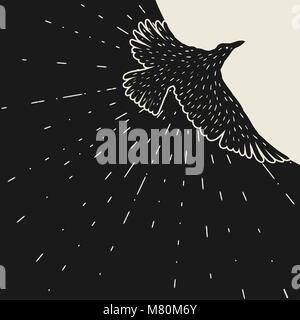 Background with black flying raven. Hand drawn inky bird Stock Vector