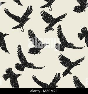 Seamless pattern with black flying ravens. Hand drawn inky birds Stock Vector