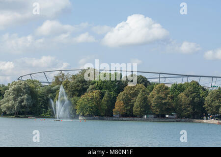 HDI Arena football stadium at  the Maschsee, Hannover, Lower Saxony, Germany, Europe  I Maschsee mit Fußballstadion HDI-Arena, Hannover, Niedersachsen Stock Photo