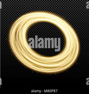 Abstract golden banner of swirling bands and particles on a dark transparent background. Fantastic circle. Christmas magic funnel. Vector illustration Stock Vector