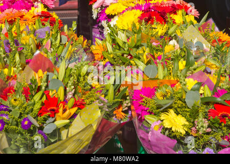 Bunches of flowers displayed for sale at Farmer's market. Stock Photo