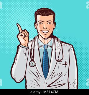 Happy doctor with index finger. Hospital, pharmacy, health, medicine concept. Pop art retro comic style. Cartoon vector illustration Stock Vector