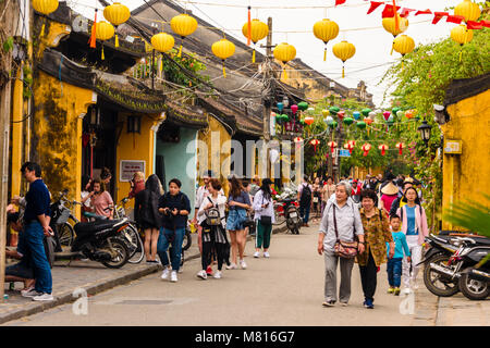 Colourful paper lanterns hang across the street in Hoi An, Vietnam Stock Photo