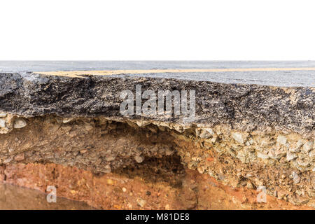 Damaged asphalt. Layer of clay that were eroded under the asphalt isolated on white background Stock Photo