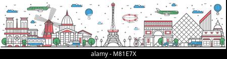 Travel in Paris city line flat design banner Stock Vector