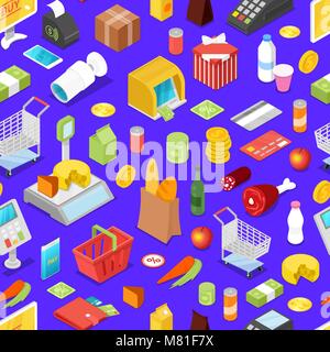 Supermarket shopping isometric seamless pattern Stock Vector