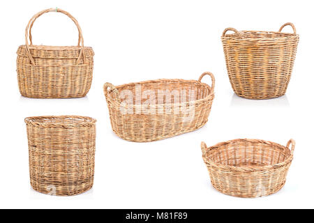 Collection of brown handmade rattan basket isolated on white background Stock Photo
