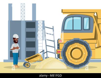Under construction zone with construction truck and engineer standing over white background, colorful design vector illustration Stock Vector