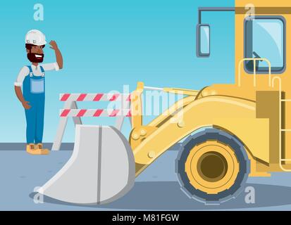 Under construction zone with builder and excavator truck over blue background, colorful design vector illustration Stock Vector