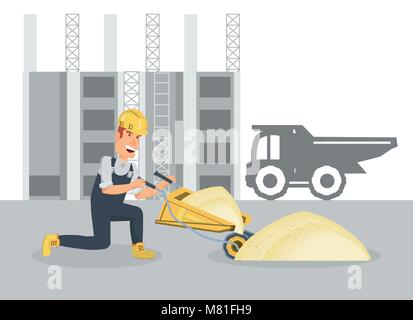 Under construction zone with builder holding a wheelbarrow over white background, colorful design vector illustration Stock Vector