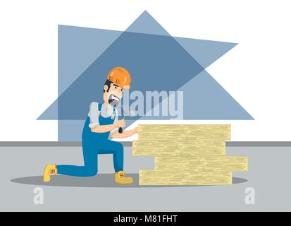 cartoon builder hitting a wooden board with a hammer tool over white background, colorful design vector illustration Stock Vector