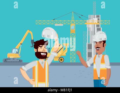 Under construction zone with happy engineers over construction trucks and tower crane and blue background, colorful design vector illustration Stock Vector