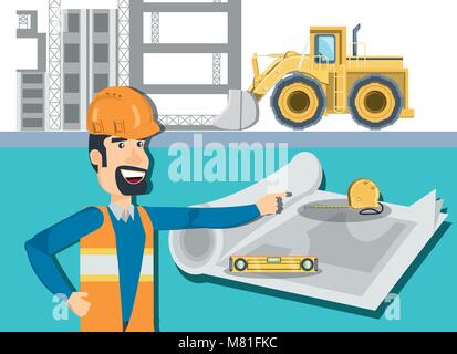 Cartoon engineer with tools and blueprints over under construction zone and truck, vector illustration  Stock Vector
