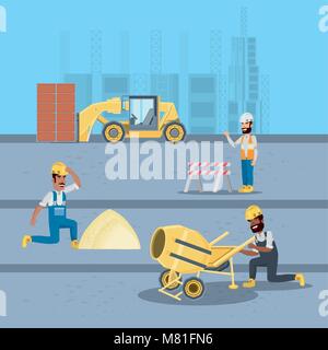 Under construction zone with engineers and builders over blue background, colorful design vector illustration Stock Vector