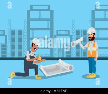 Under construction zone with enginners with blueprints over blue background, colorful design vector illustration Stock Vector