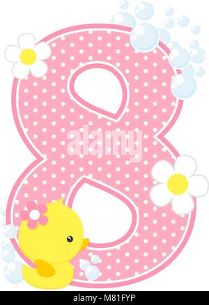 number 8 with bubbles and cute rubber duck isolated on white. can be used for baby girl birth announcements, nursery decoration, party theme or birthd Stock Vector