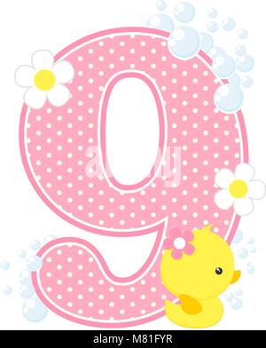 number 9 with bubbles and cute rubber duck isolated on white. can be used for baby girl birth announcements, nursery decoration, party theme or birthd Stock Vector