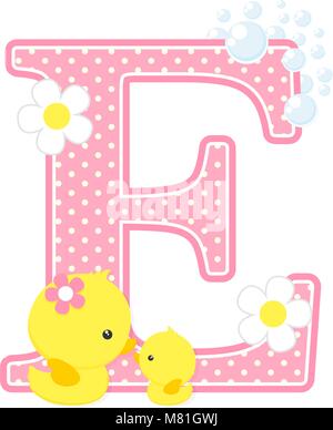 initial e with bubbles and cute rubber duck isolated on white. can be used for baby girl birth announcements, nursery decoration, party theme or birth Stock Vector