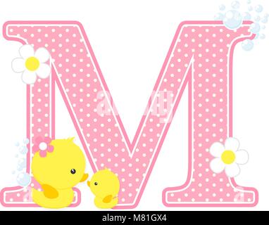 initial m with flowers and cute baby duck and mom isolated on white. can be used for baby girl birth announcements, nursery decoration, mother's day c Stock Vector