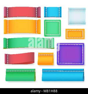 Stitched textile label. Clothes labels, color fabric tags and clothing  badge tag realistic vector set Stock Vector Image & Art - Alamy