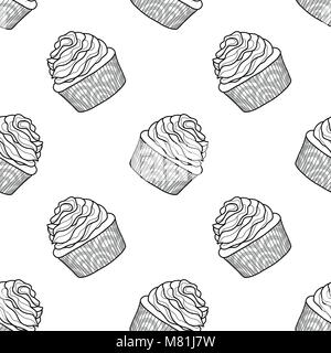 Cupcakes random on white background. Cute hand drawn seamless pattern of dessert in black outline style. Stock Vector
