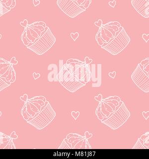 Cupcakes and hearts random on pink background. Cute hand drawn seamless pattern of dessert in white outline. Stock Vector