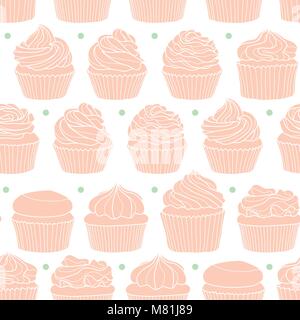 8 styles of cupcake on white background. Cute hand drawn seamless pattern of dessert in pastel pink silhouette and green dot. Stock Vector