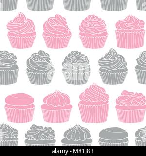 8 styles of cupcake on white background. Cute hand drawn seamless pattern of dessert in pastel pink and gray silhouette. Stock Vector
