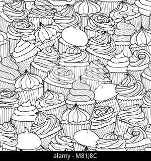 Various cupcakes random on white background. Cute hand drawn seamless pattern of dessert in black outline style. Stock Vector