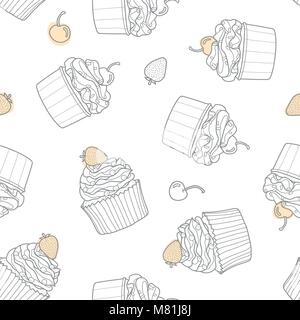 2 styles of cupcake random on white background with cherry and strawberry. Cute hand drawn seamless pattern of dessert in gray outline and pastel pink Stock Vector