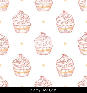 Cupcakes and dots random on white background. Cute hand drawn seamless pattern of dessert in red and pink outline style. Stock Vector