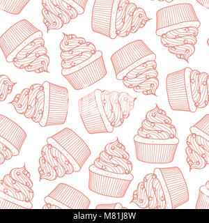 Cupcakes random on white background. Cute hand drawn seamless pattern of dessert in red outline style. Stock Vector